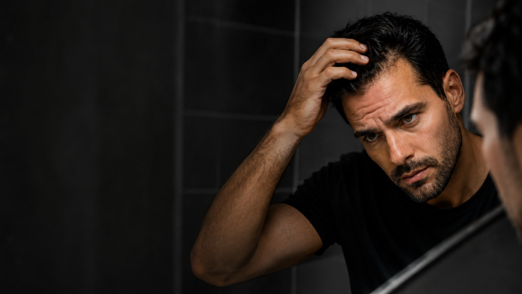 imagen de un hombre revisando en el espejo el avance de la alopecia androgenética