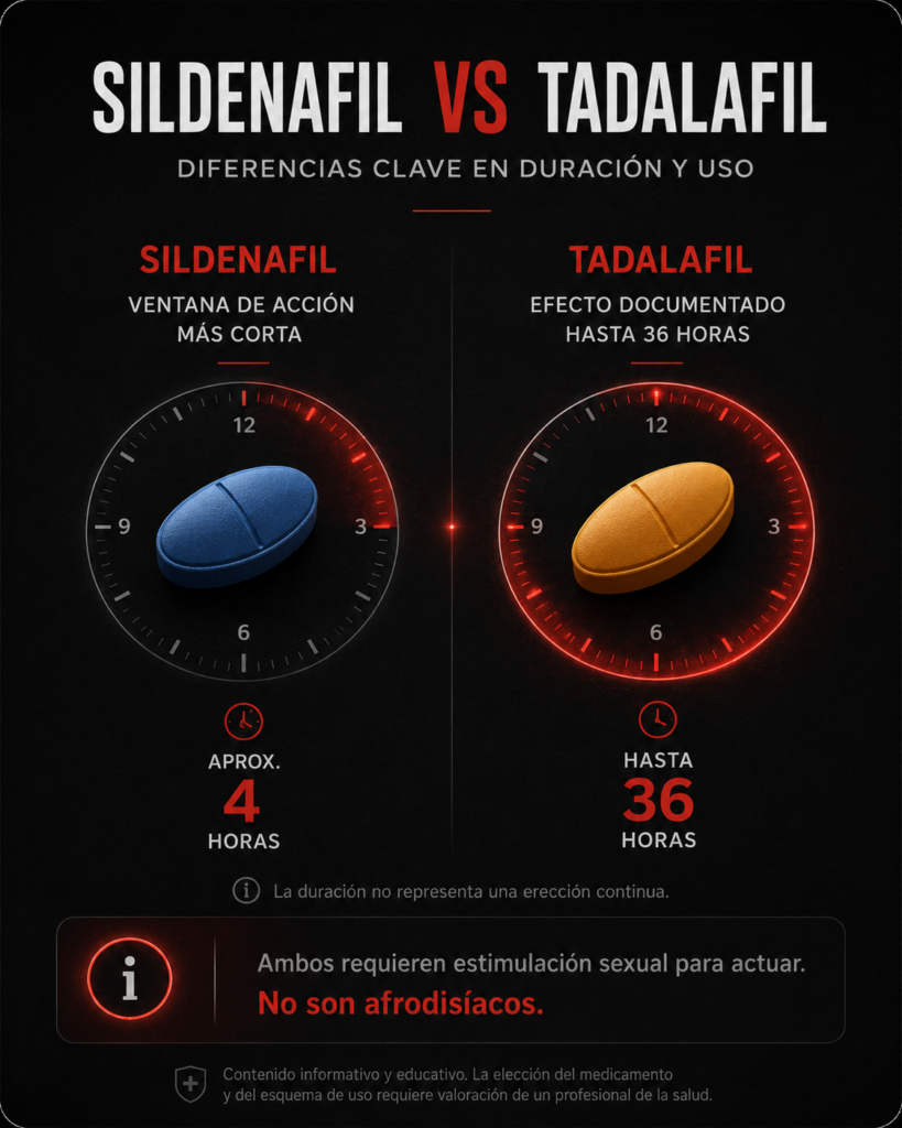 Comparación educativa entre sildenafil y tadalafil y sus diferencias en duración de acción.