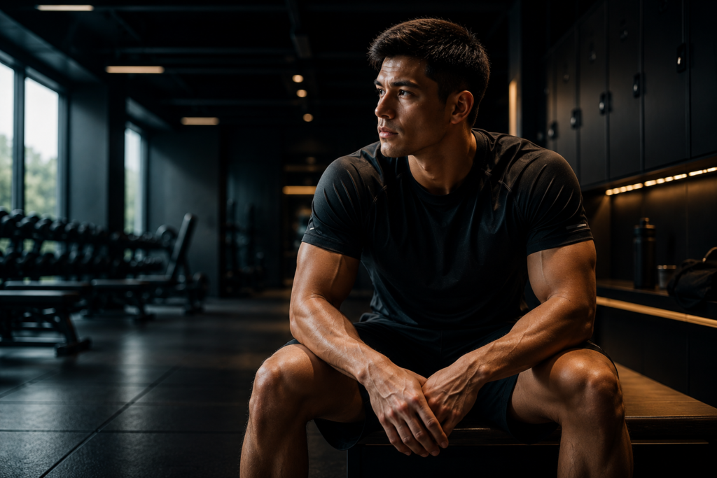 Hombre atlético en un gimnasio, tema de tadalafil y fitness
